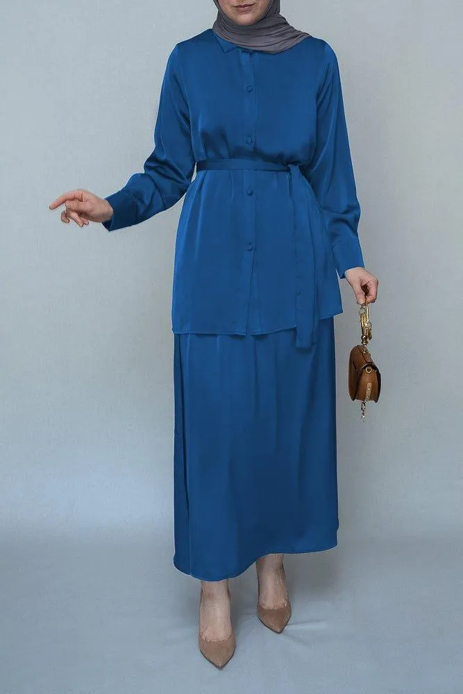 Turquoise Blouse Skirt Modest set maxi skirt with elasticated waistband maxi sleeve buttoned shirt with a detachable belt