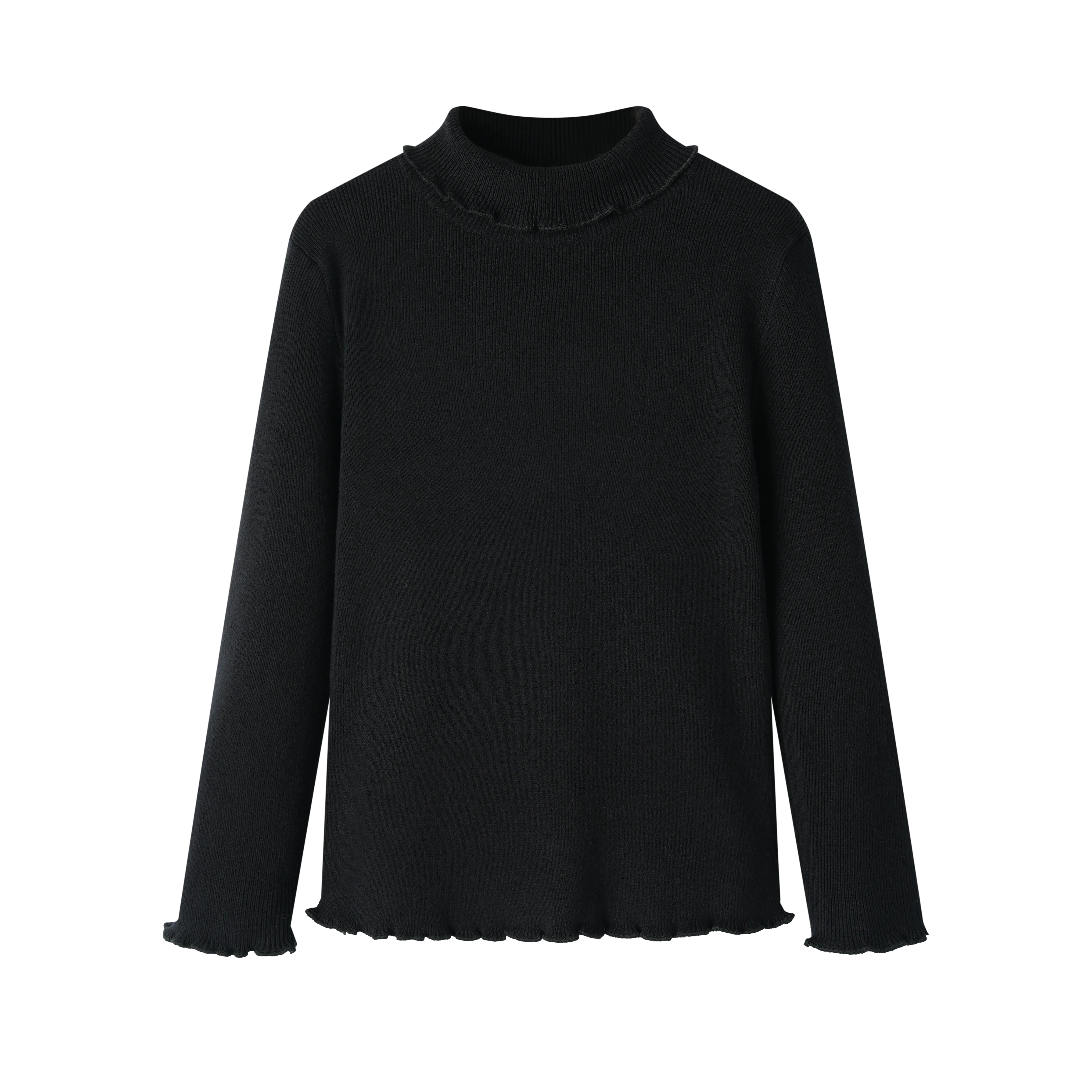 TURTLENECK WITH RUFFLE TRIM-BLACK