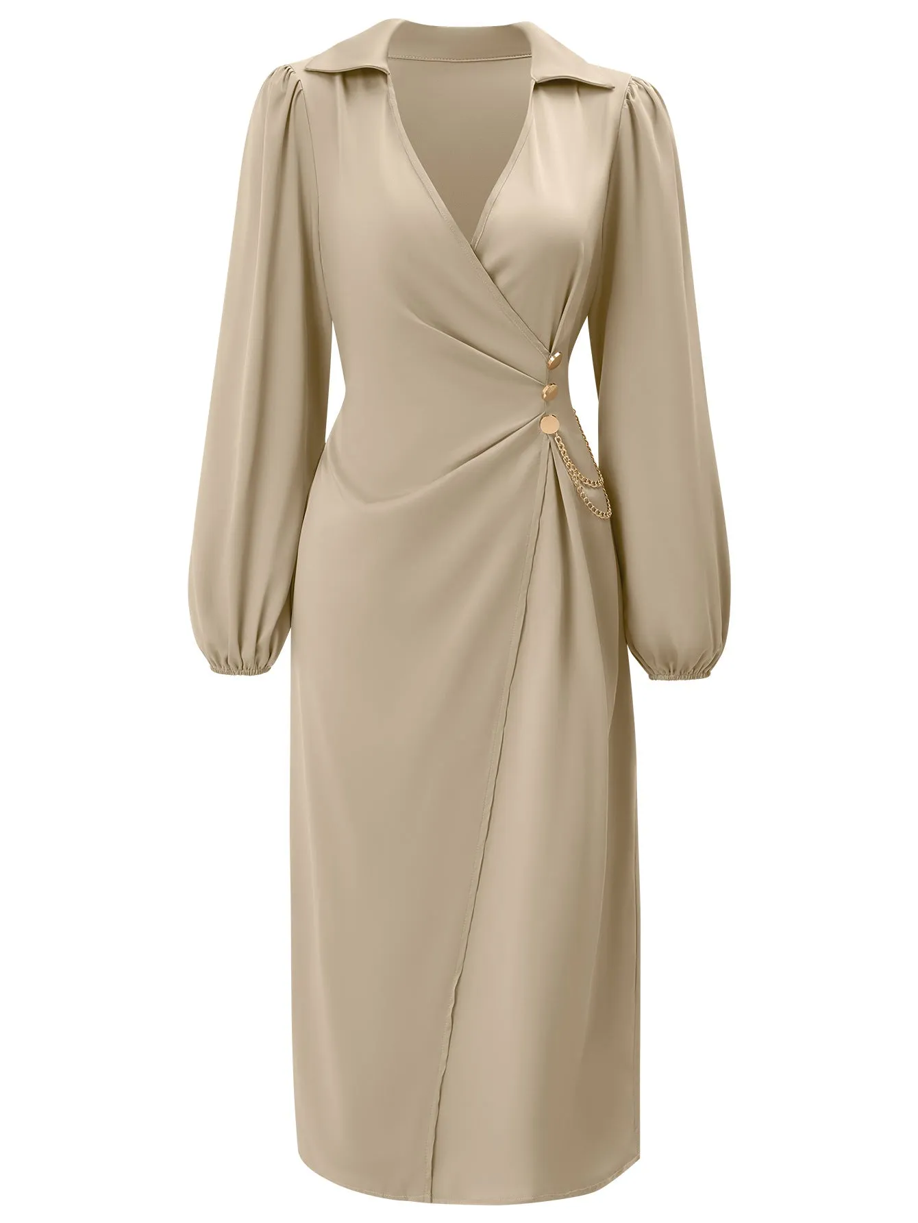 V-neck Solid Color Waist-tied Long Sleeve Midi Dress