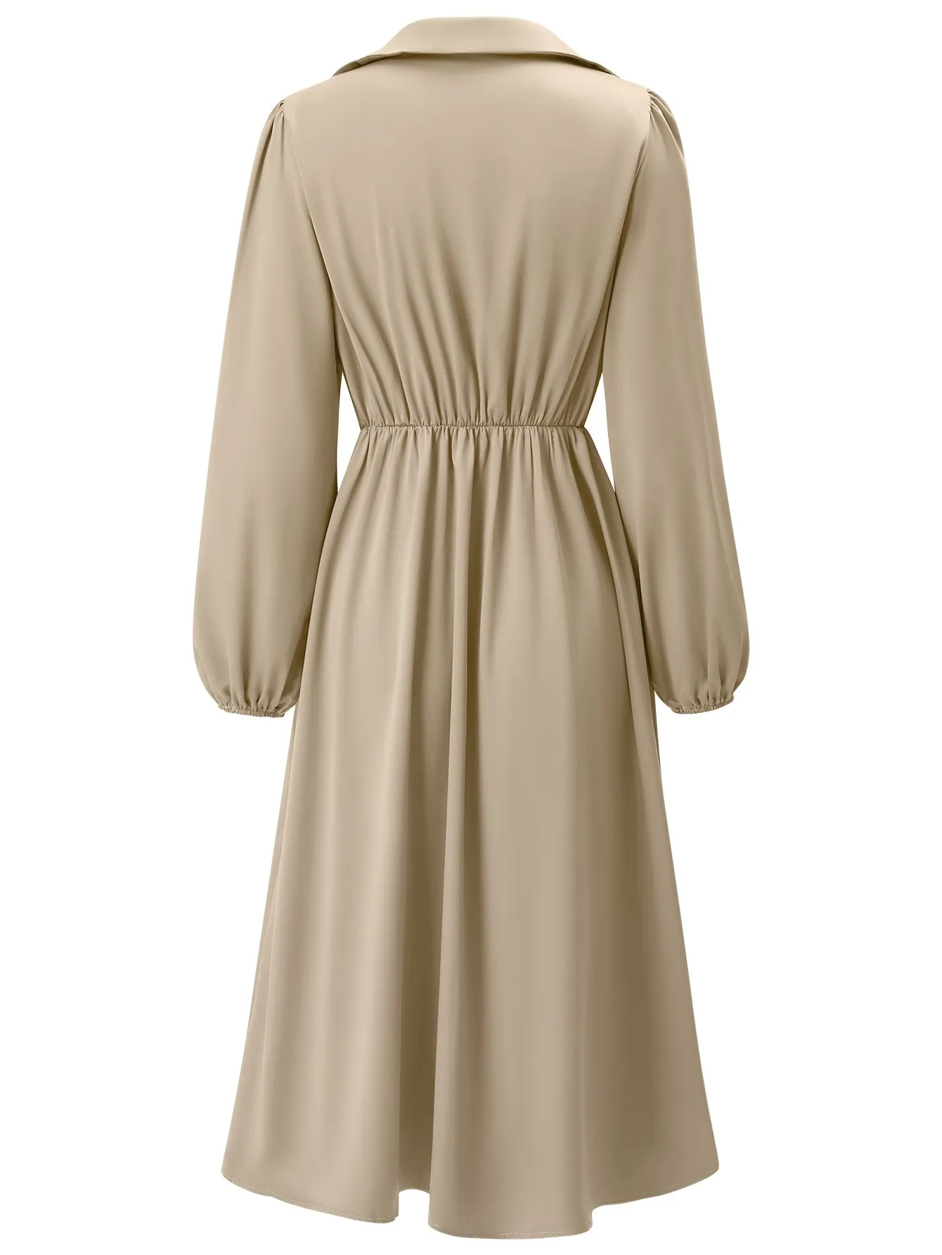 V-neck Solid Color Waist-tied Long Sleeve Midi Dress