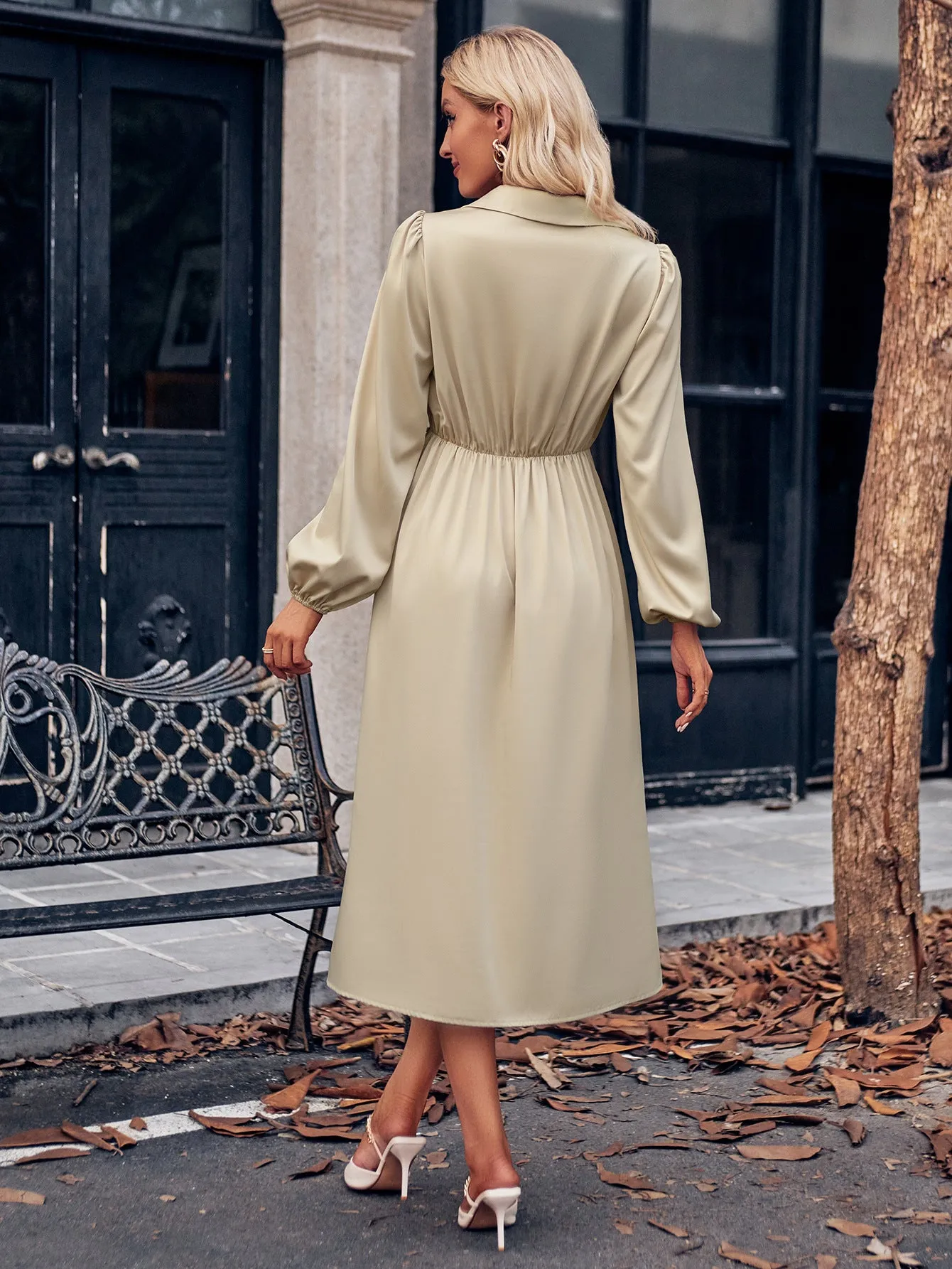 V-neck Solid Color Waist-tied Long Sleeve Midi Dress