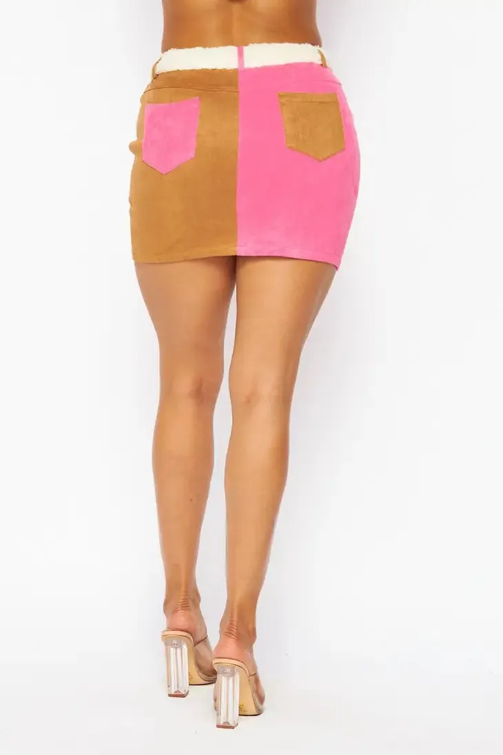 Velma Sherpa Lined Color Block Suede Skirt