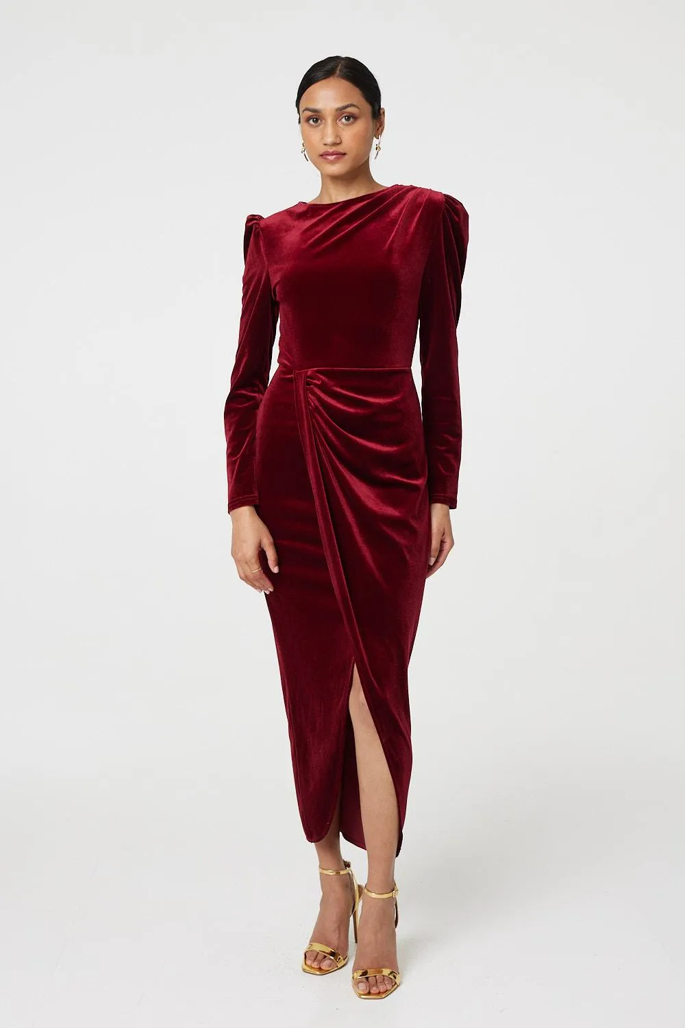 Velvet Long Puff Sleeve Split Hem Midi Dress