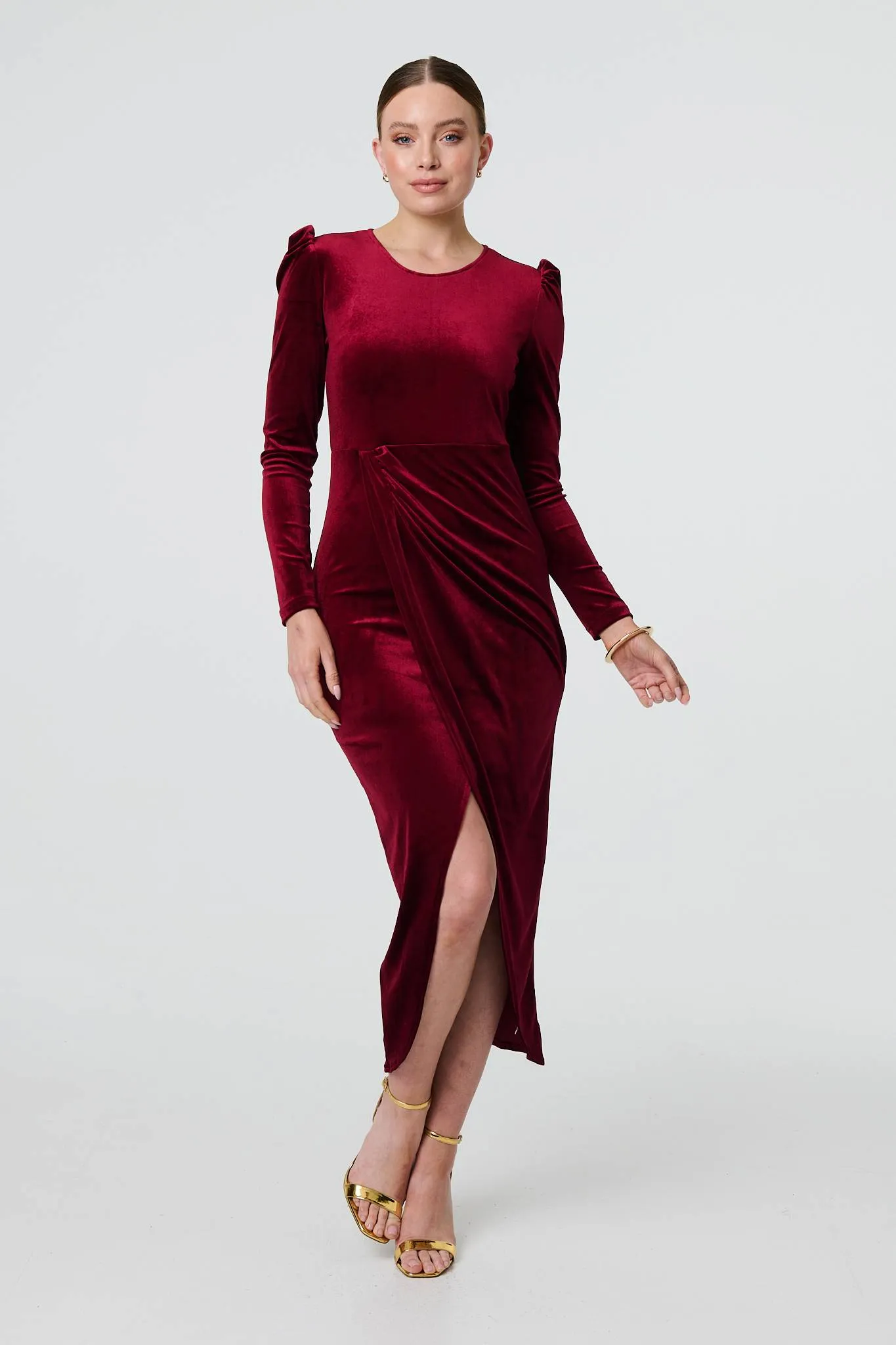 Velvet Long Puff Sleeve Split Hem Midi Dress