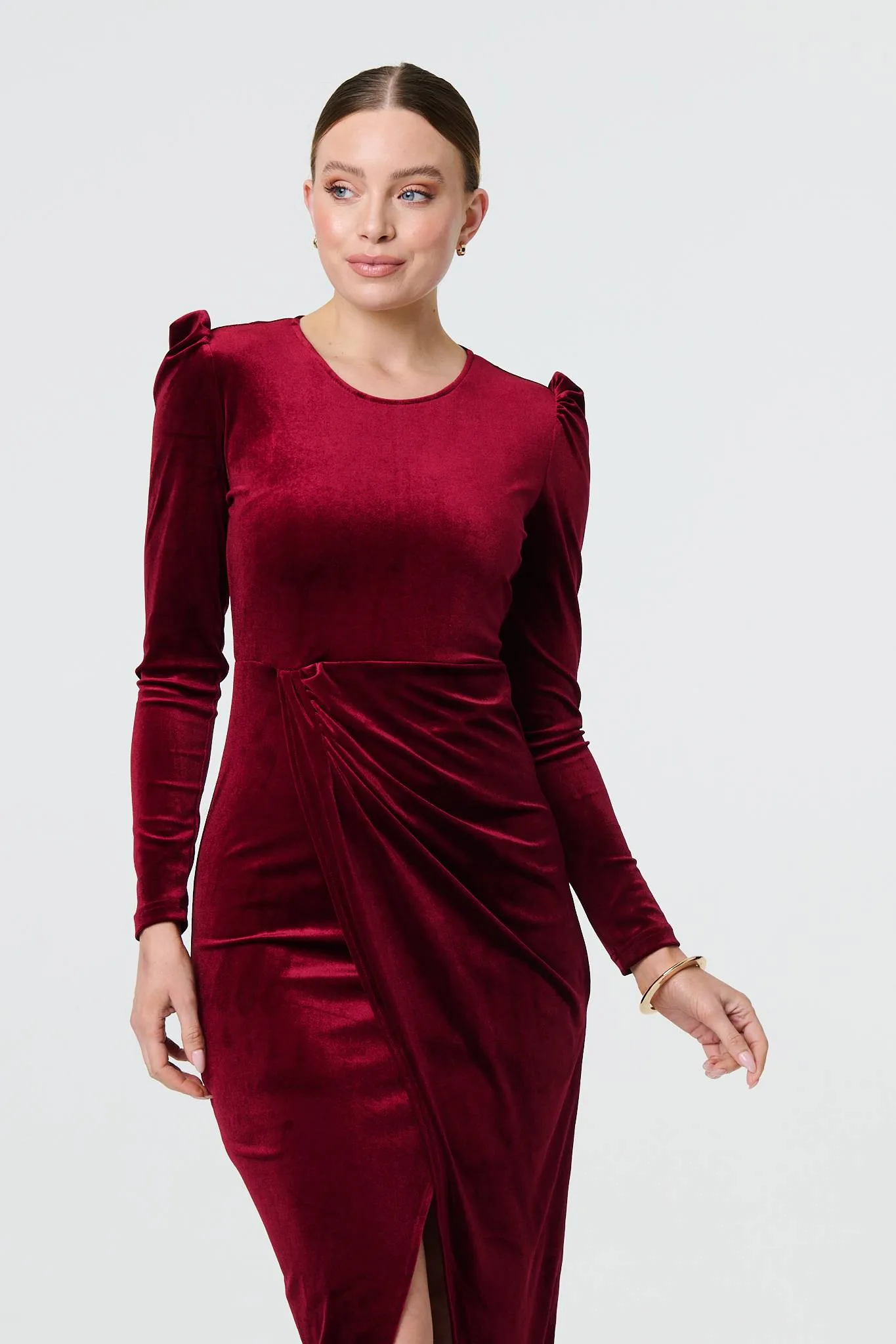 Velvet Long Puff Sleeve Split Hem Midi Dress