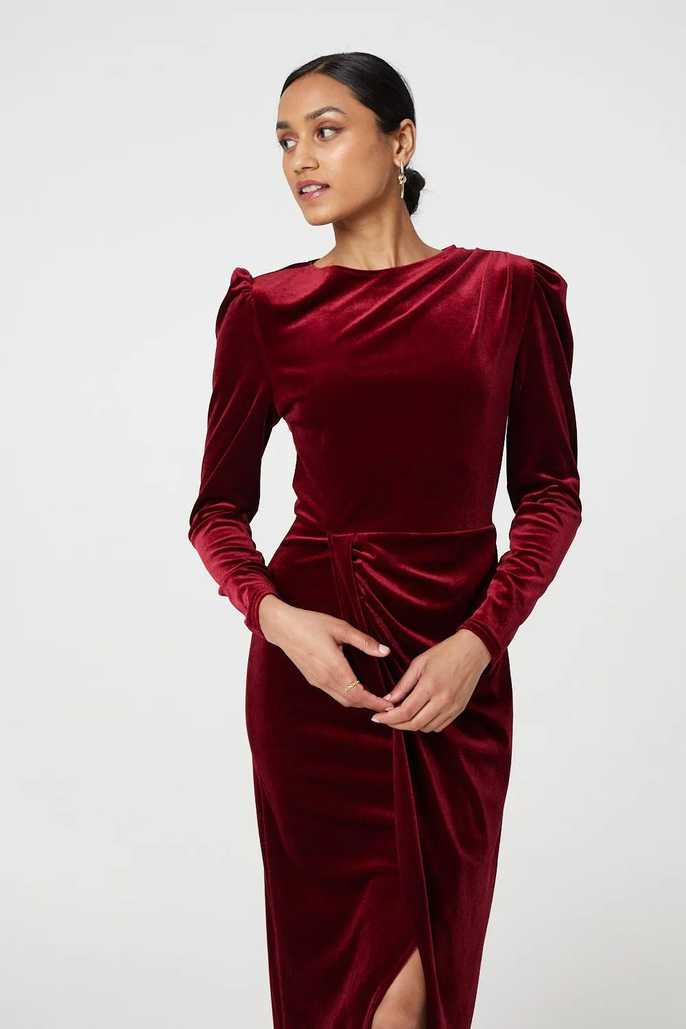 Velvet Long Puff Sleeve Split Hem Midi Dress