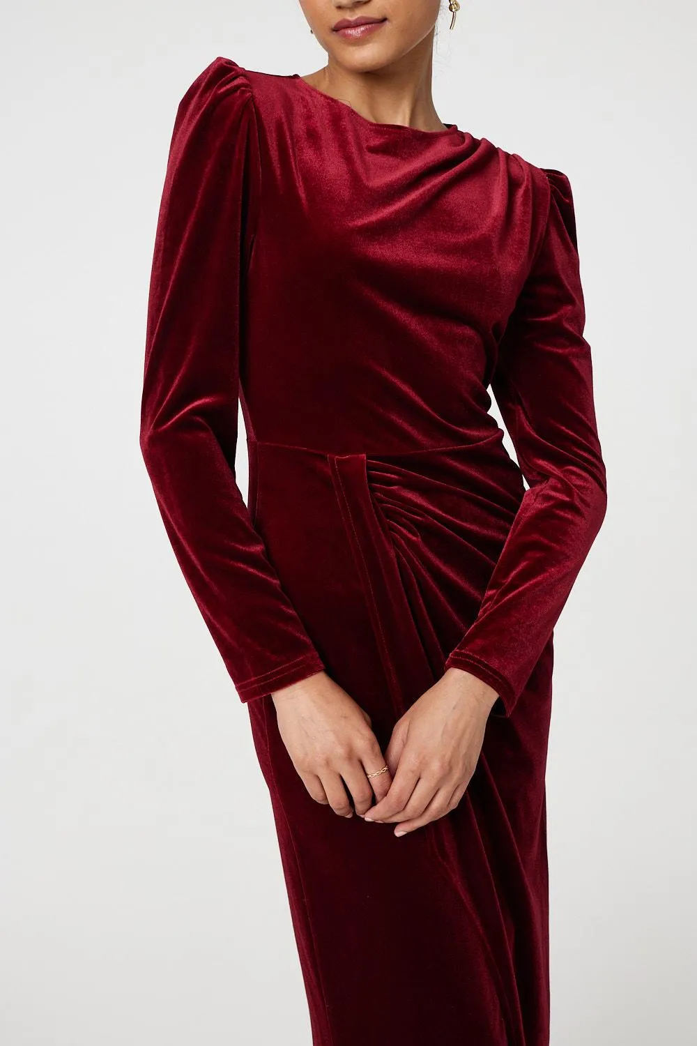 Velvet Long Puff Sleeve Split Hem Midi Dress