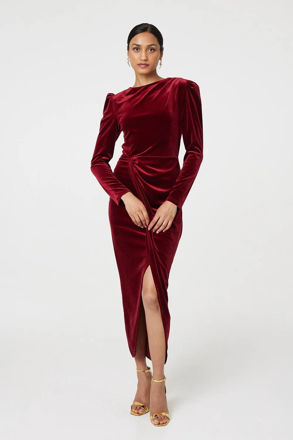 Velvet Long Puff Sleeve Split Hem Midi Dress