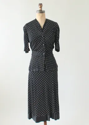 Vintage 1930s Black Polka Dot Rayon Jersey Suit Dress