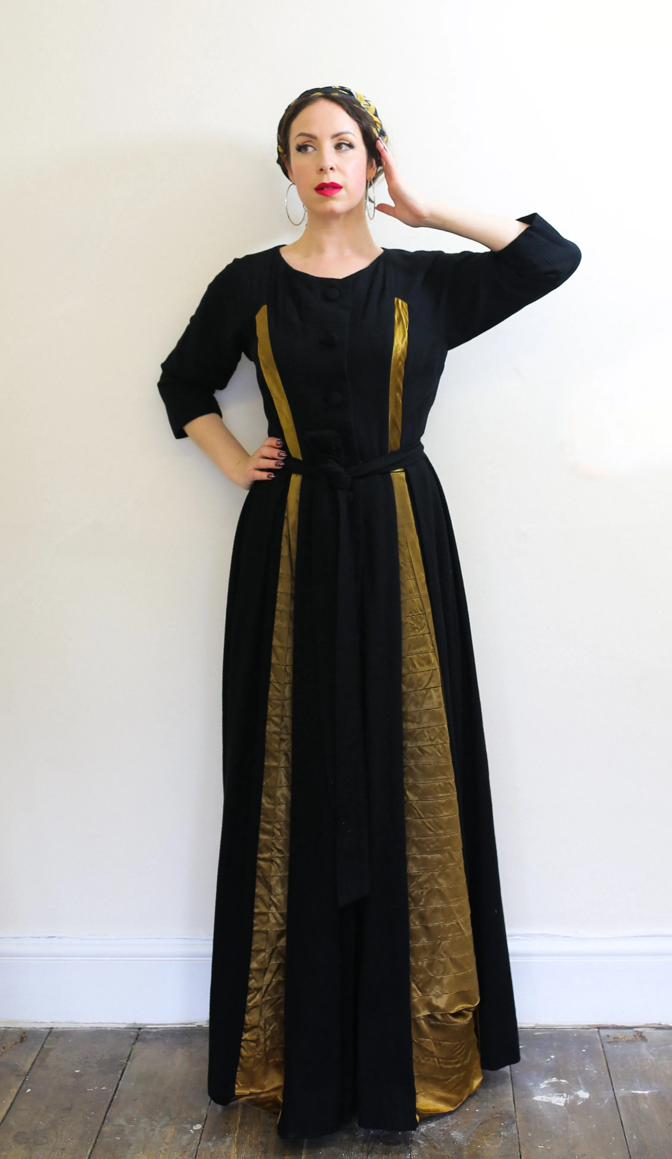 Vintage 1940s Black Gold Wool Dress