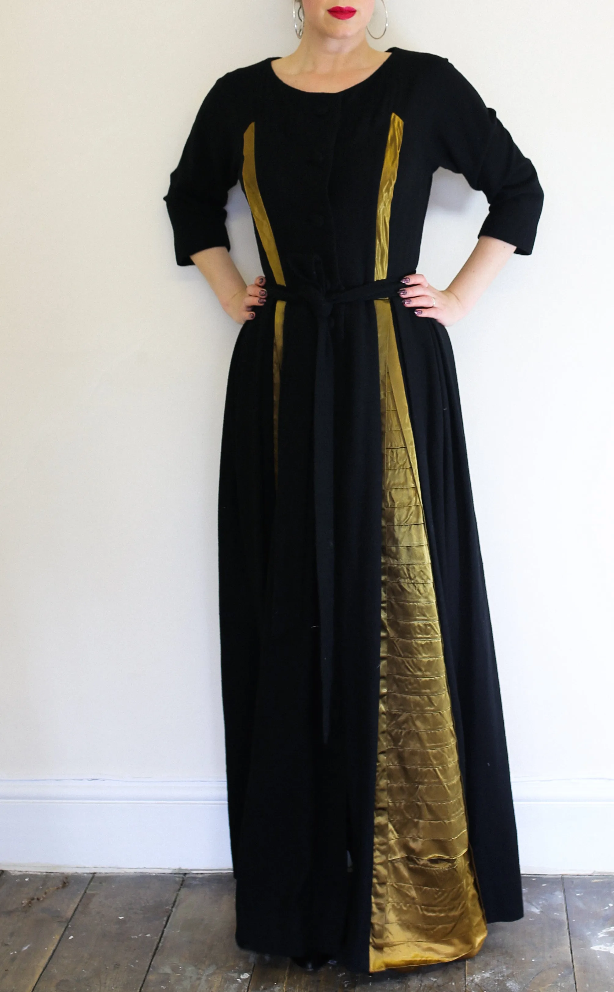 Vintage 1940s Black Gold Wool Dress