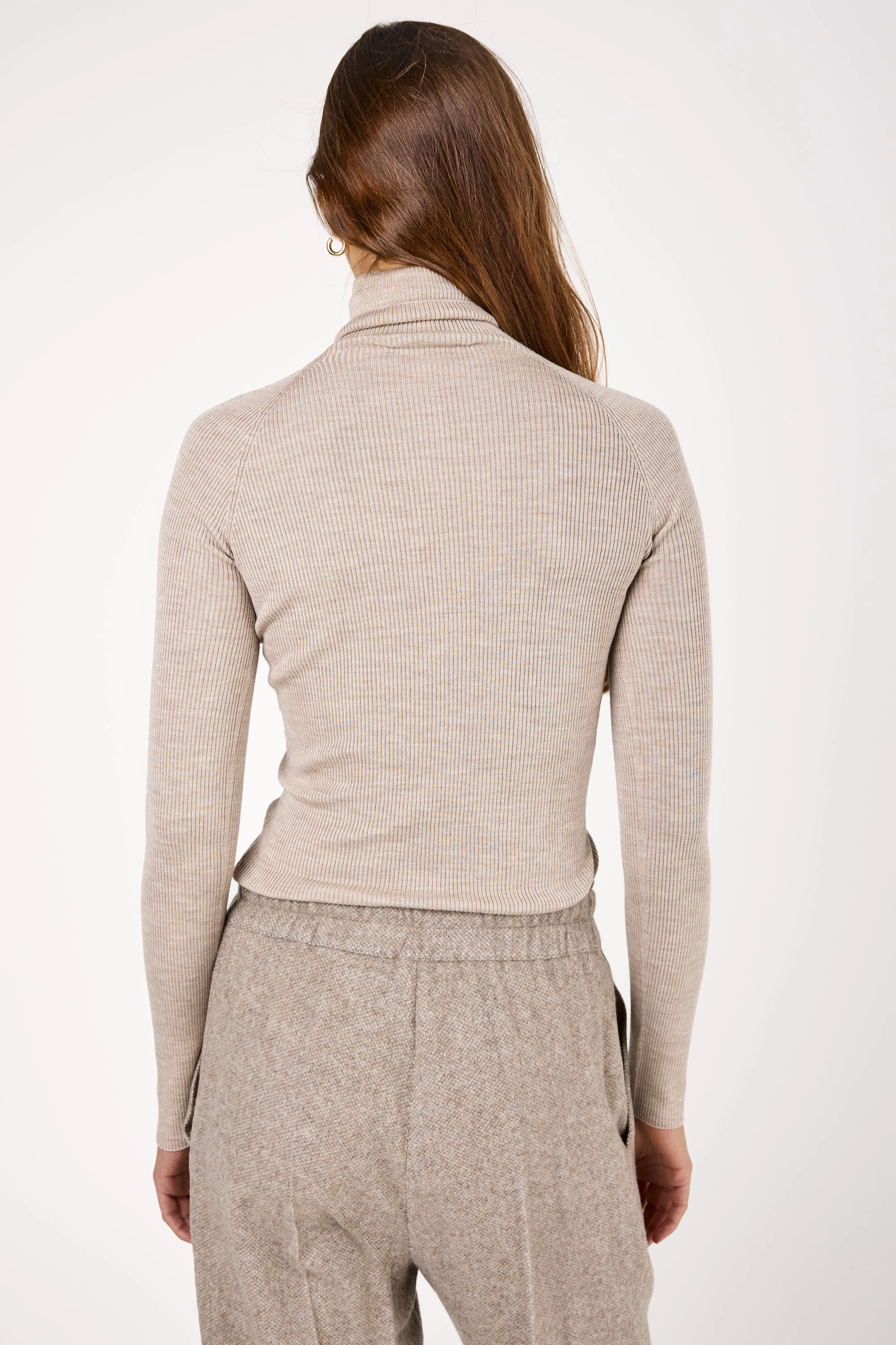 Virgin Wool and Silk Knit Turtleneck Sweater in Sand Beige