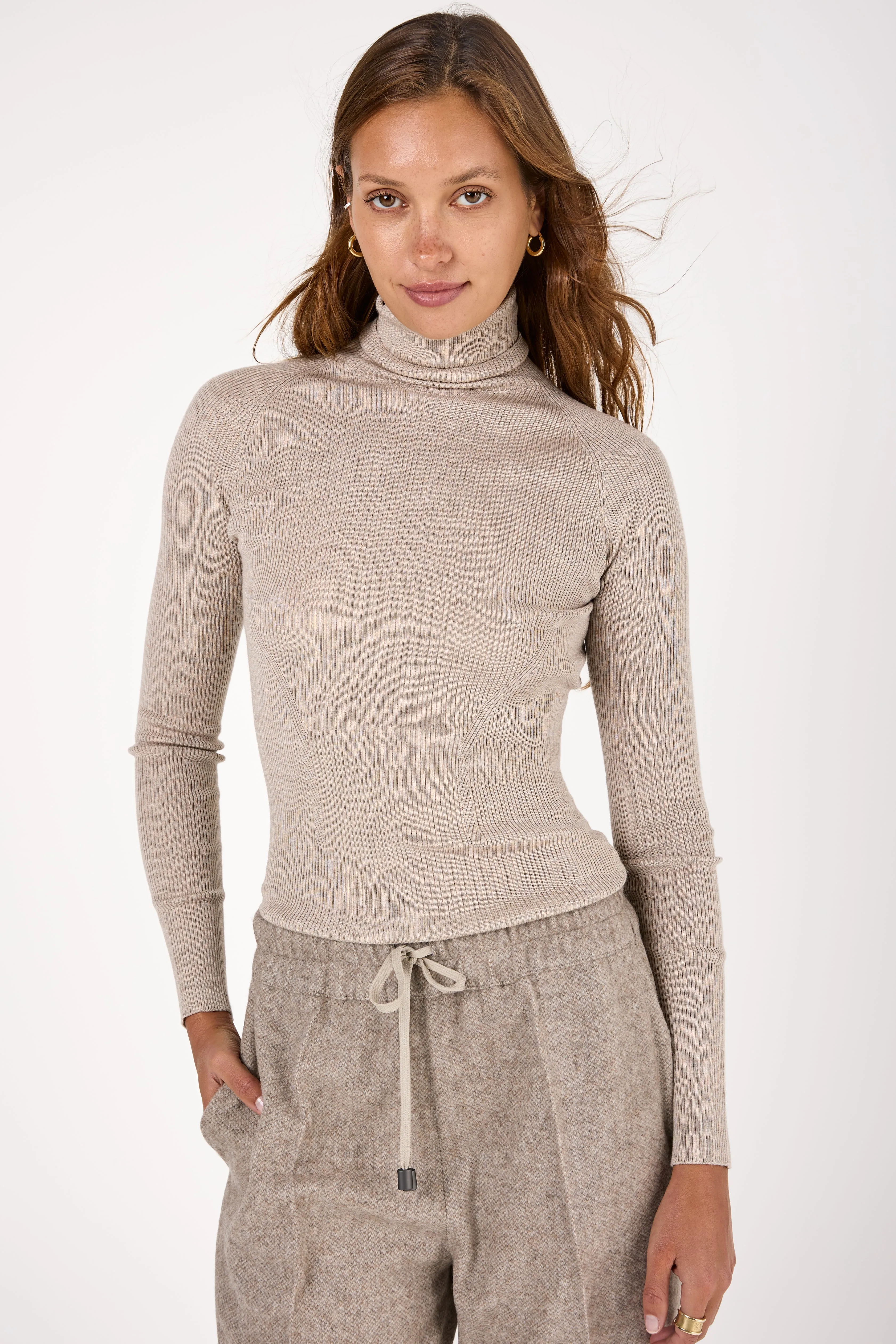 Virgin Wool and Silk Knit Turtleneck Sweater in Sand Beige