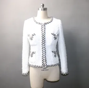 White Pearl Button Tweed Jacket Coat Women's Blazer