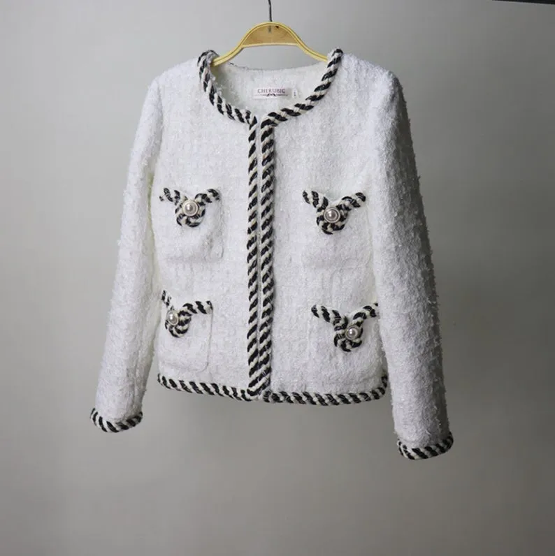 White Pearl Button Tweed Jacket Coat Women's Blazer