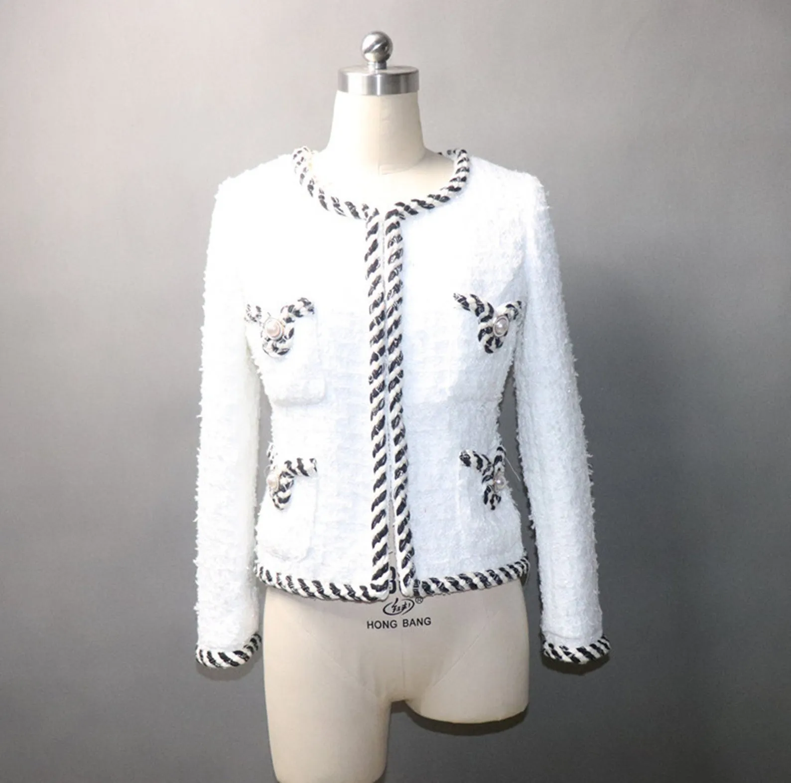 White Pearl Button Tweed Jacket Coat Women's Blazer