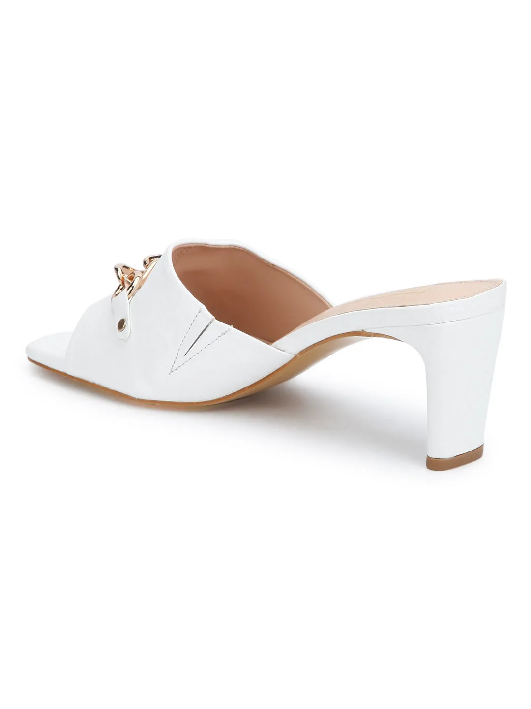 White PU Buckled Slip-on Slim Block Heels