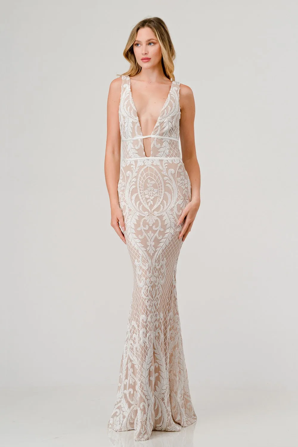 Wht/Nude Sequin Plunging V-Neck Mermaid Maxi Dress