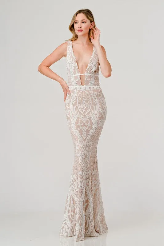 Wht/Nude Sequin Plunging V-Neck Mermaid Maxi Dress