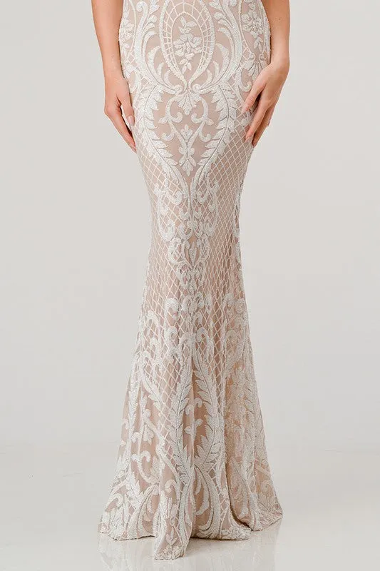 Wht/Nude Sequin Plunging V-Neck Mermaid Maxi Dress