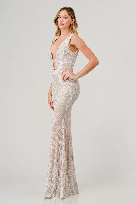 Wht/Nude Sequin Plunging V-Neck Mermaid Maxi Dress