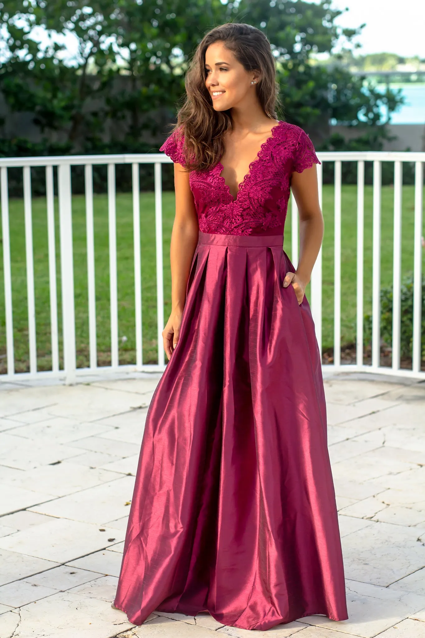 Wine Short Sleeve Maxi Dress with Embroidered Top