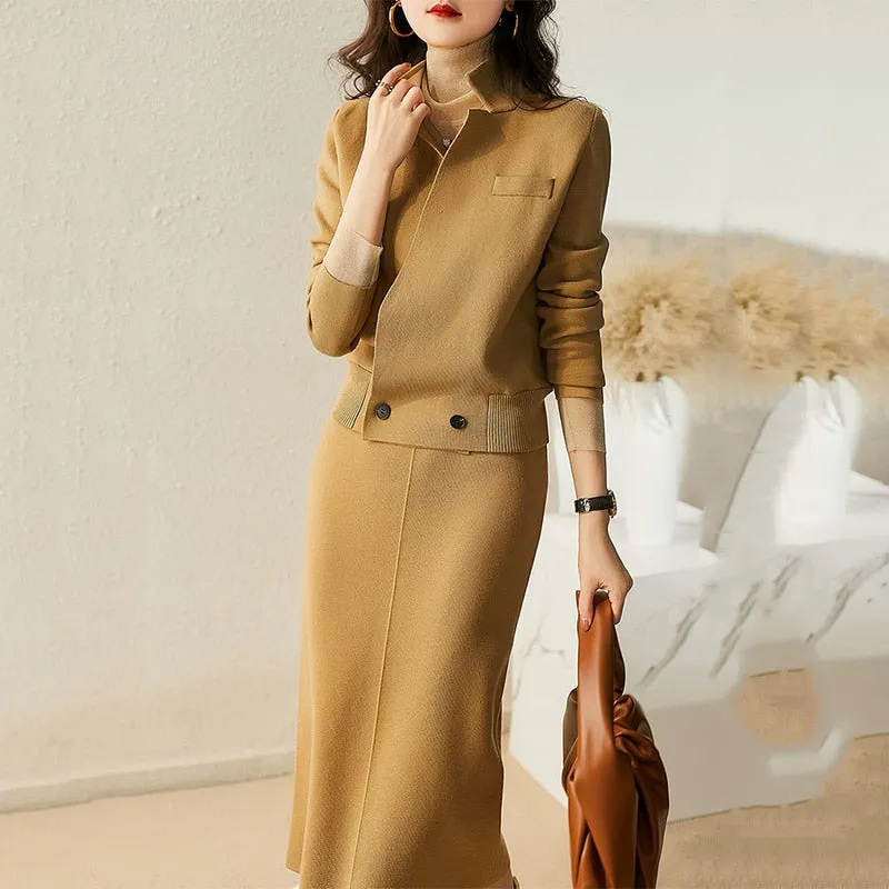 Wjczt Sister Fara Spring Autumn Knitted Sweater Cardigan Coat Knitted Wide Legs Pants Half Skirt Women&#39;s Wool Knitted Two-piece Suit