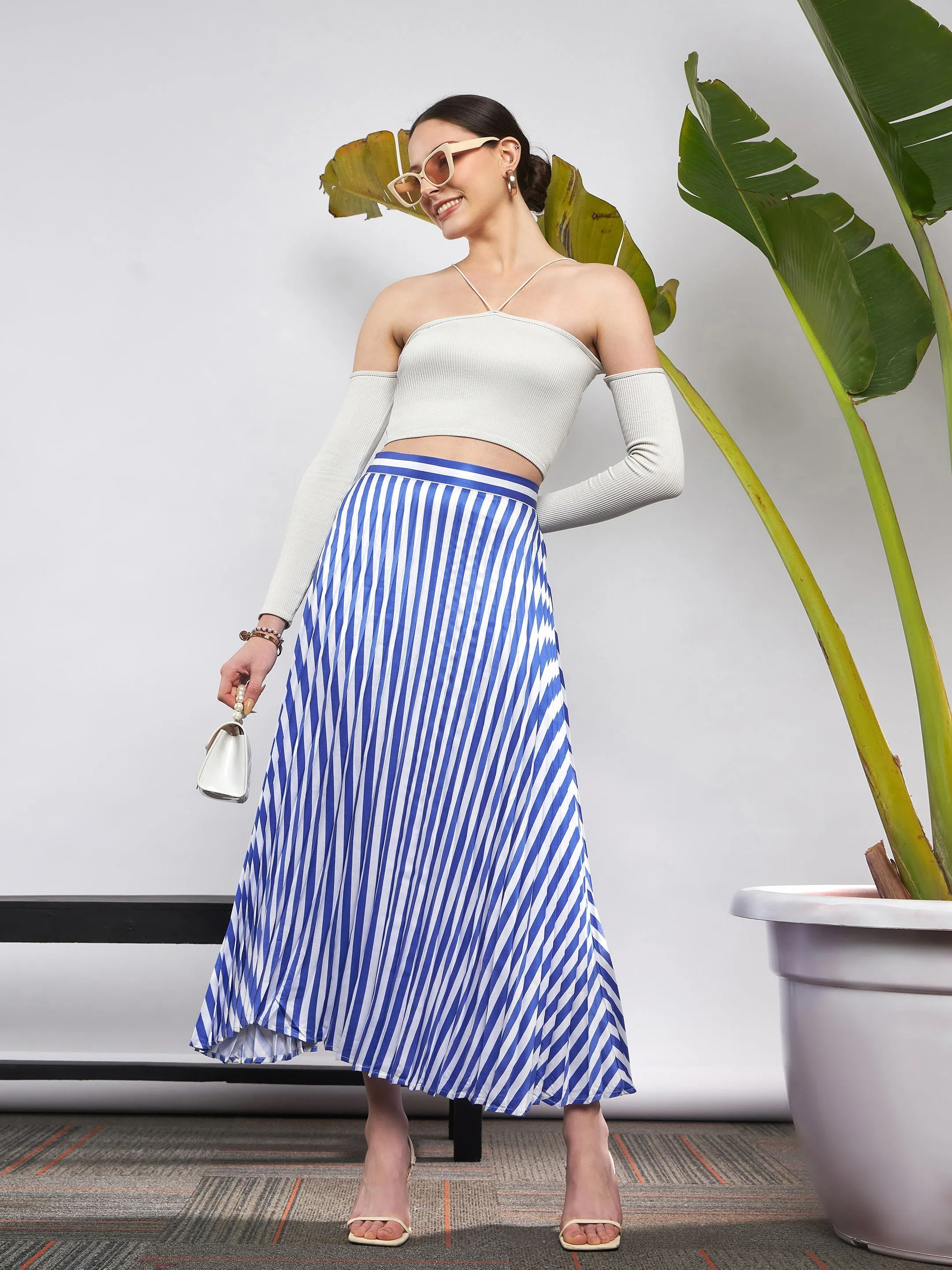 Women Blue & White Satin Striped Accordion Pleated Maxi Skirt