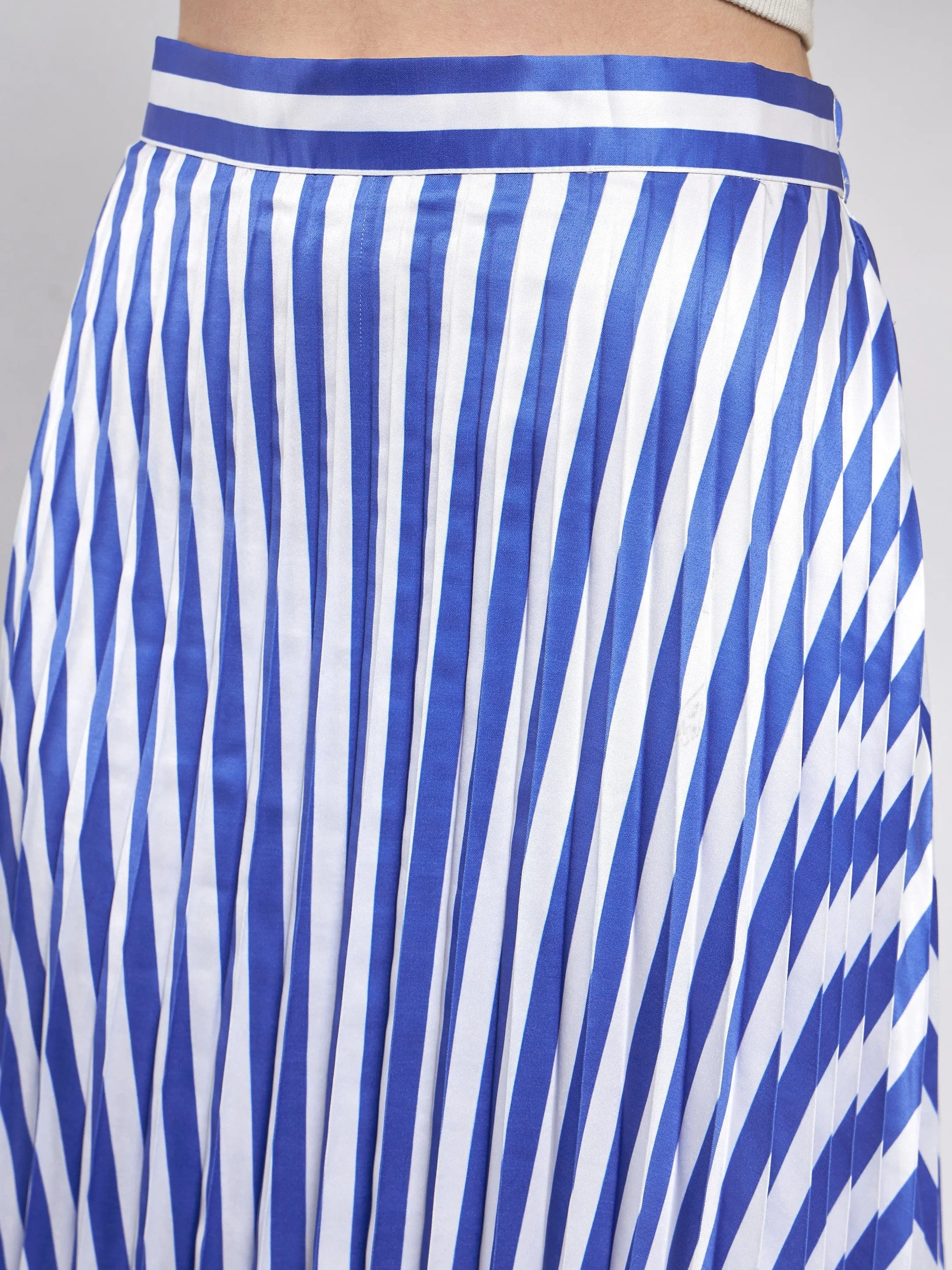 Women Blue & White Satin Striped Accordion Pleated Maxi Skirt