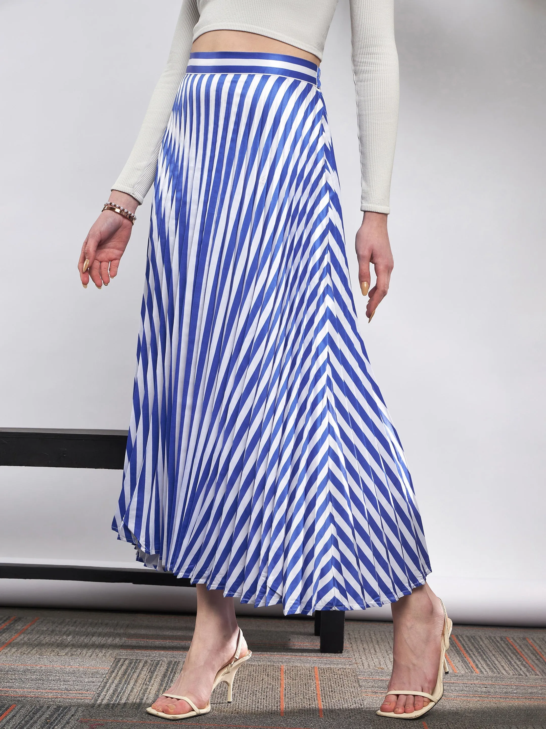 Women Blue & White Satin Striped Accordion Pleated Maxi Skirt