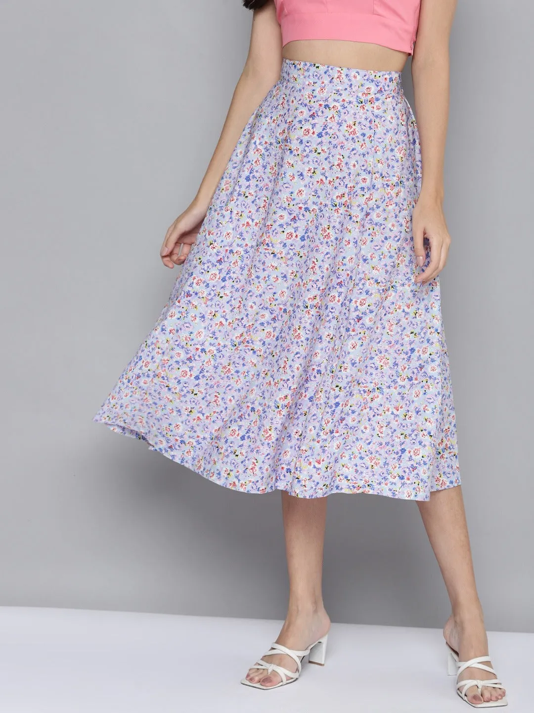 Women Blue Ditsy Floral Flared Skirt