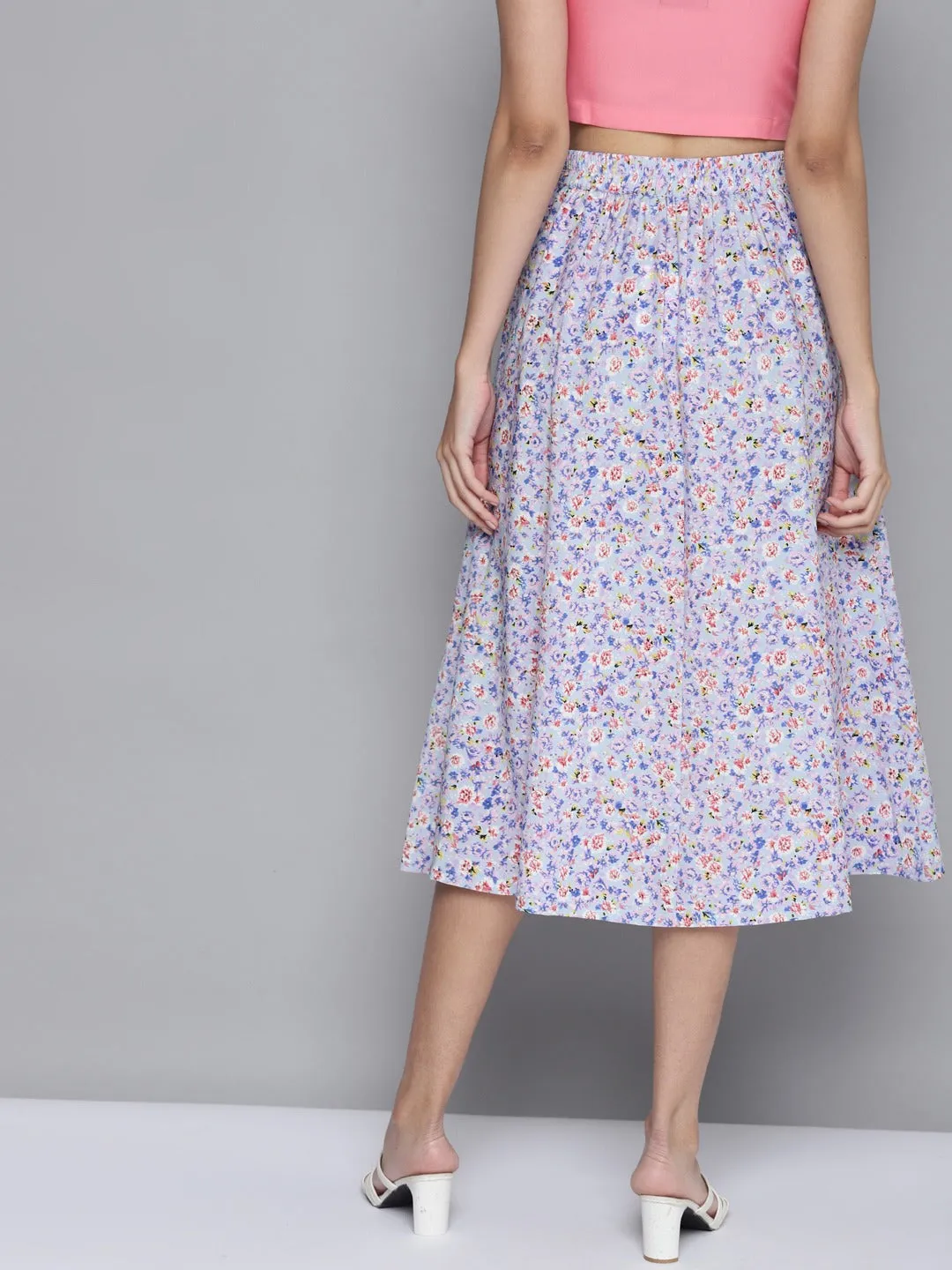 Women Blue Ditsy Floral Flared Skirt