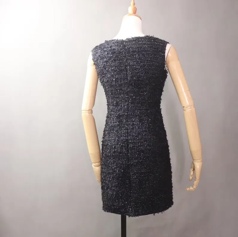 Women Custom Made Bow Decoration Tweed Sheath Dress Black