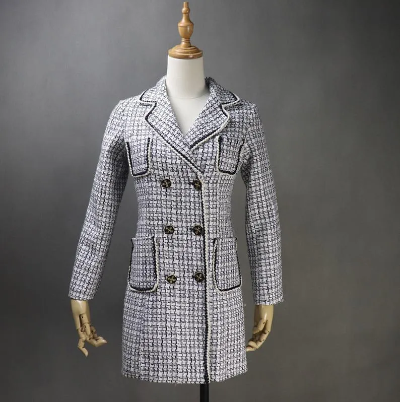 Women CUSTOM MADE Long White Coat Checked Double Breasted Tweed