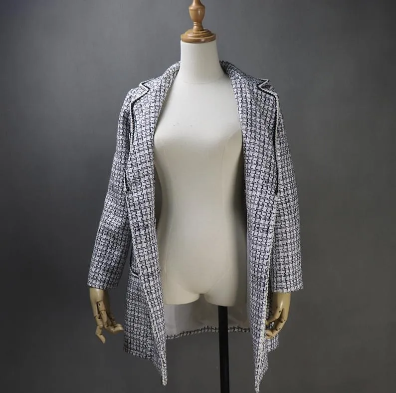 Women CUSTOM MADE Long White Coat Checked Double Breasted Tweed