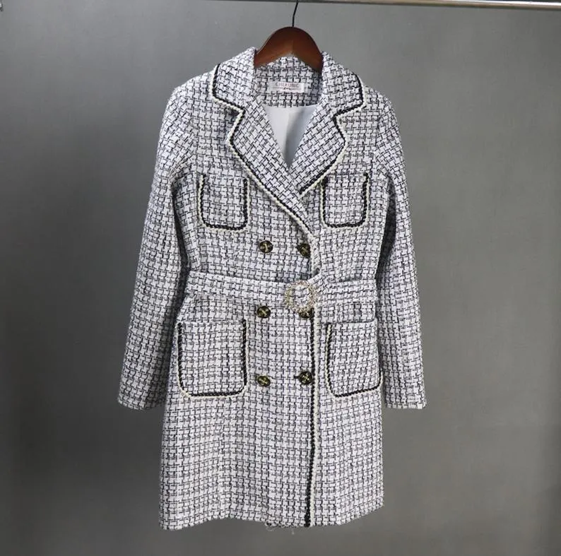 Women CUSTOM MADE Long White Coat Checked Double Breasted Tweed