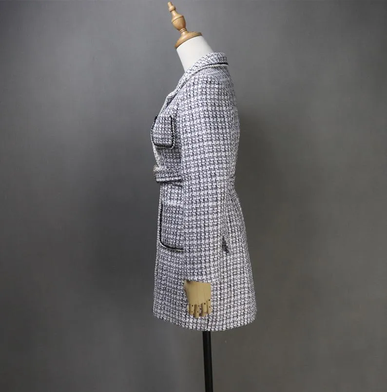 Women CUSTOM MADE Long White Coat Checked Double Breasted Tweed