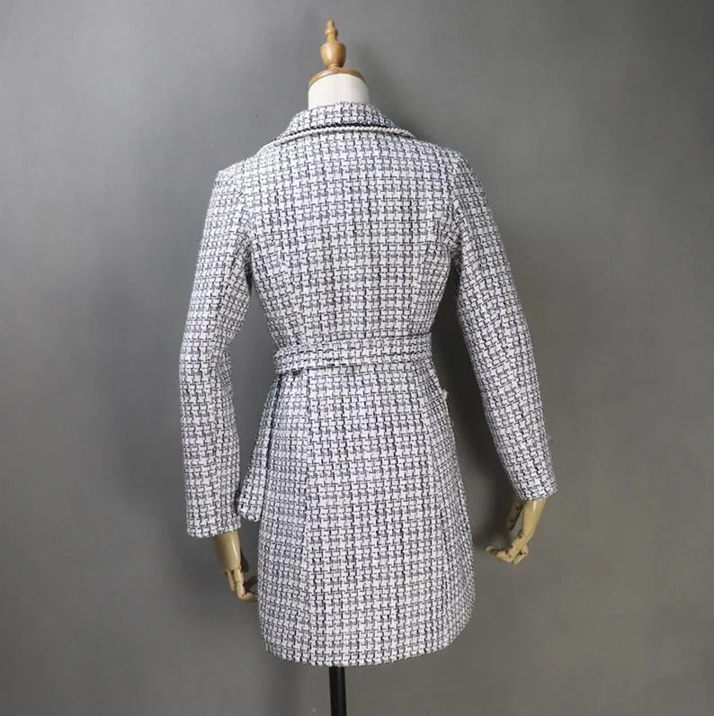 Women CUSTOM MADE Long White Coat Checked Double Breasted Tweed