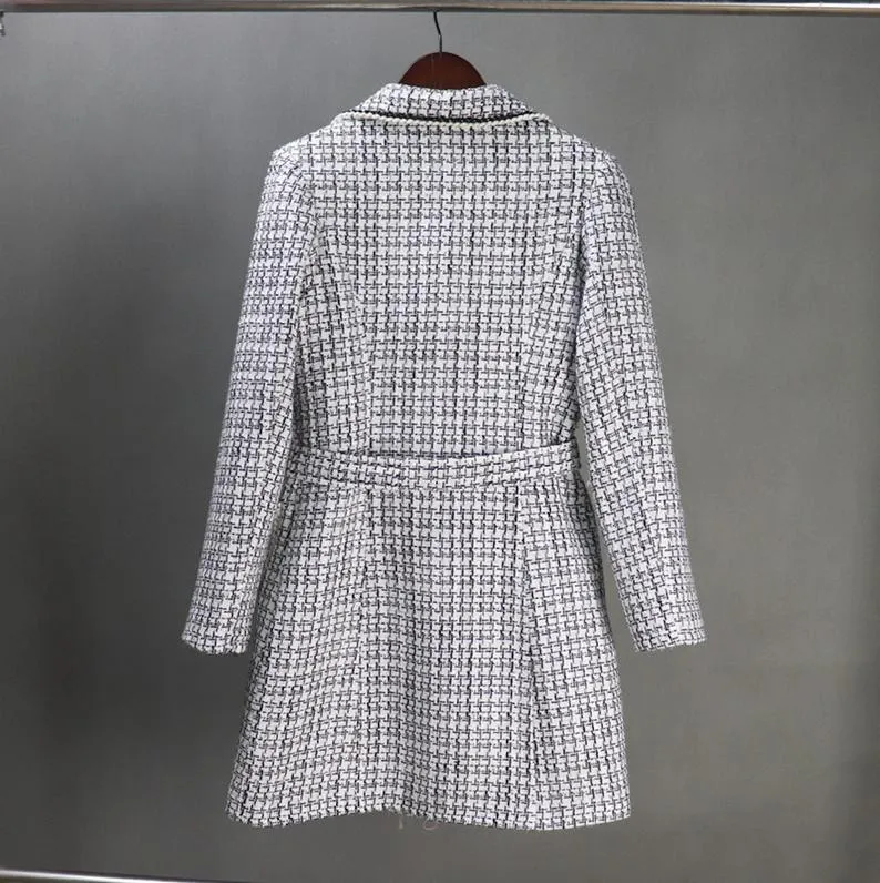 Women CUSTOM MADE Long White Coat Checked Double Breasted Tweed