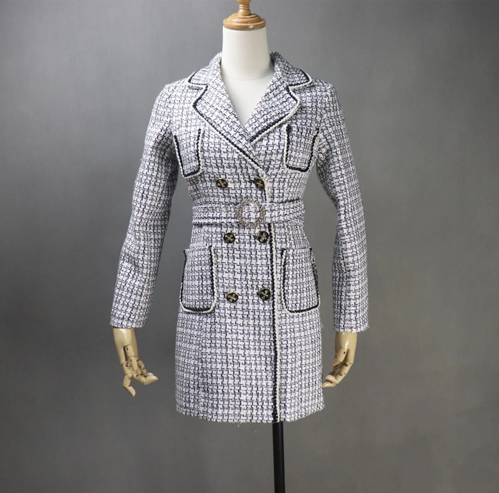 Women CUSTOM MADE Long White Coat Checked Double Breasted Tweed