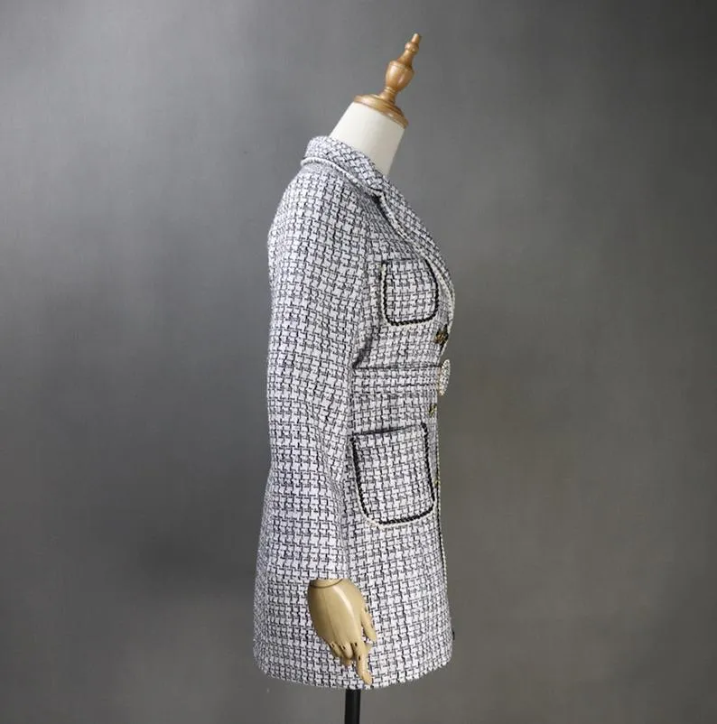 Women CUSTOM MADE Long White Coat Checked Double Breasted Tweed