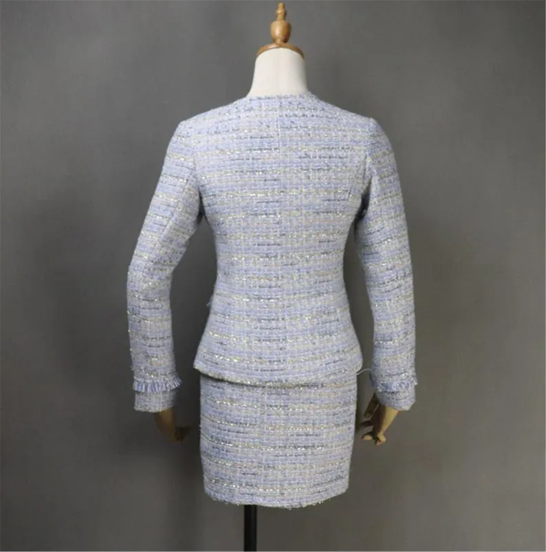 Women Custom Made Pearl Buttons Blue Tweed Skirt / Shorts Suit