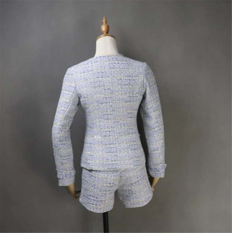 Women Custom Made Pearl Buttons Blue Tweed Skirt / Shorts Suit