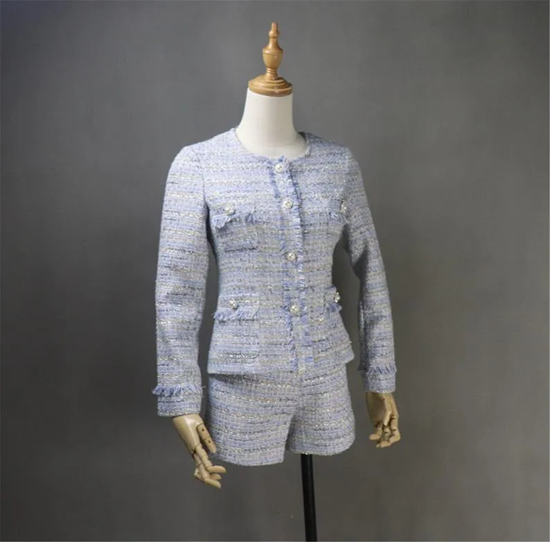 Women Custom Made Pearl Buttons Blue Tweed Skirt / Shorts Suit