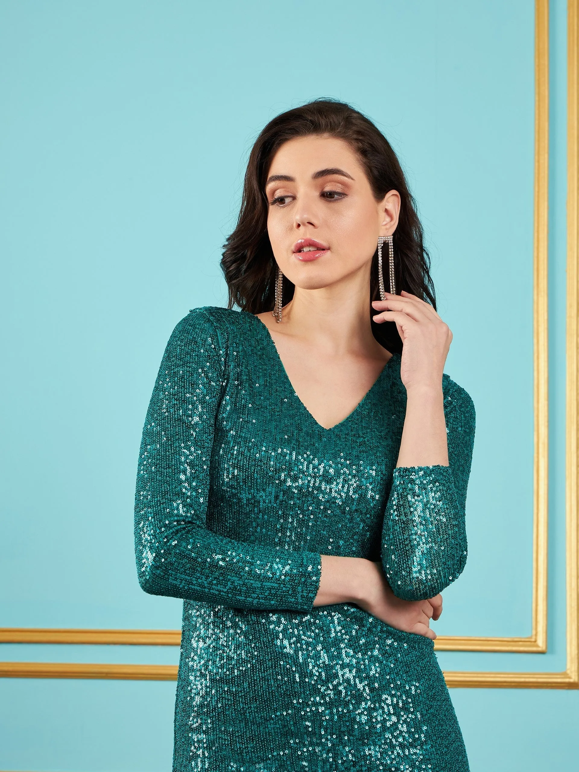 Women Green Sequin V-Neck Midi Dress