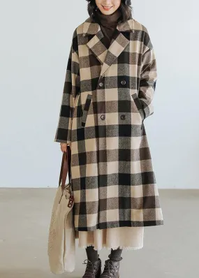 women Loose fitting medium length coat Plaid pockets Notched Woolen Coats