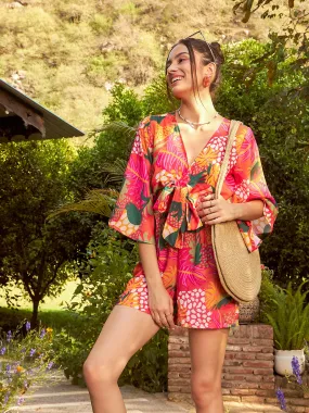 Women Orange Floral Front Tie Knot Playsuit