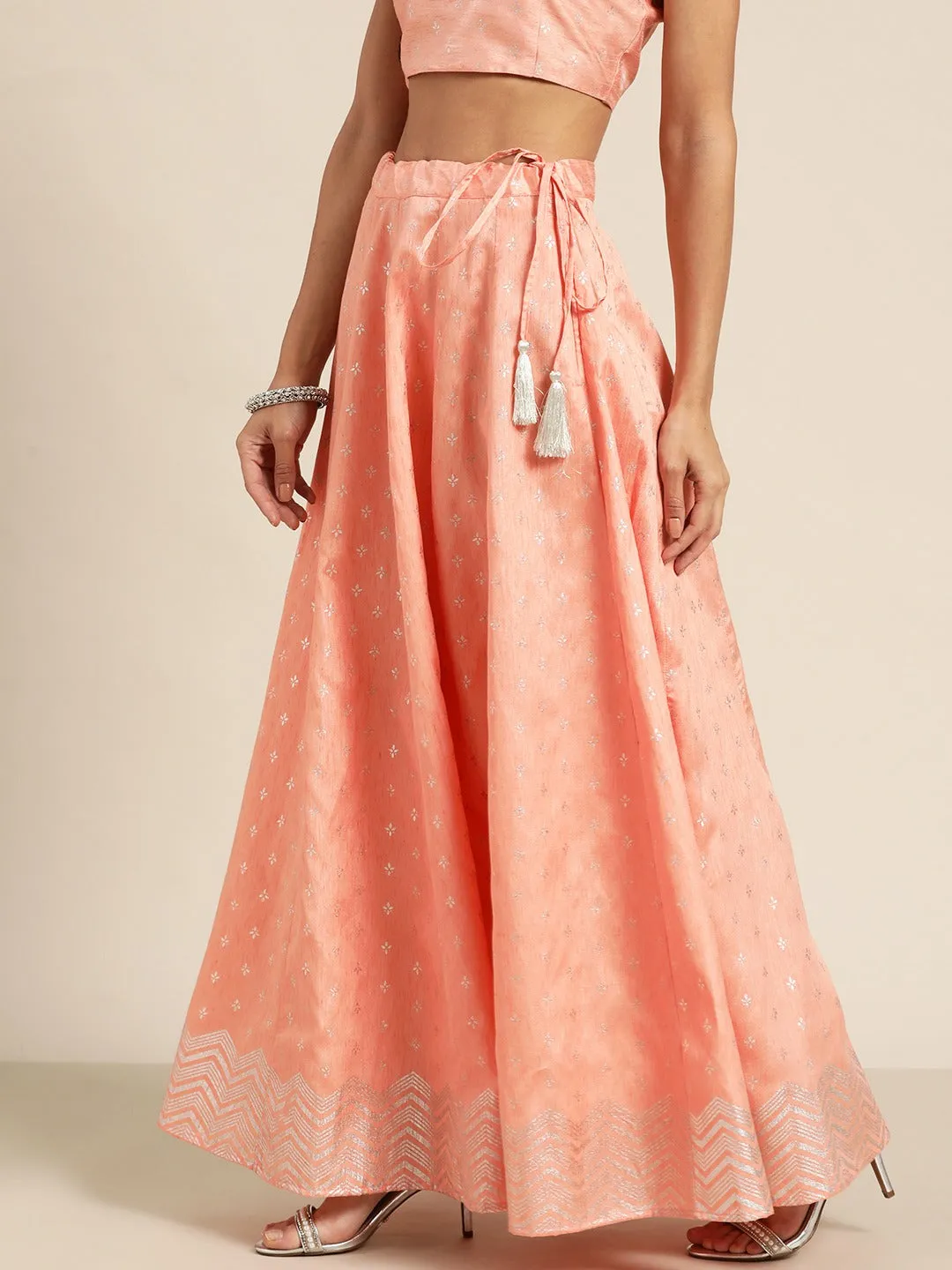 Women Peach Silver Foil Anarkali Skirt