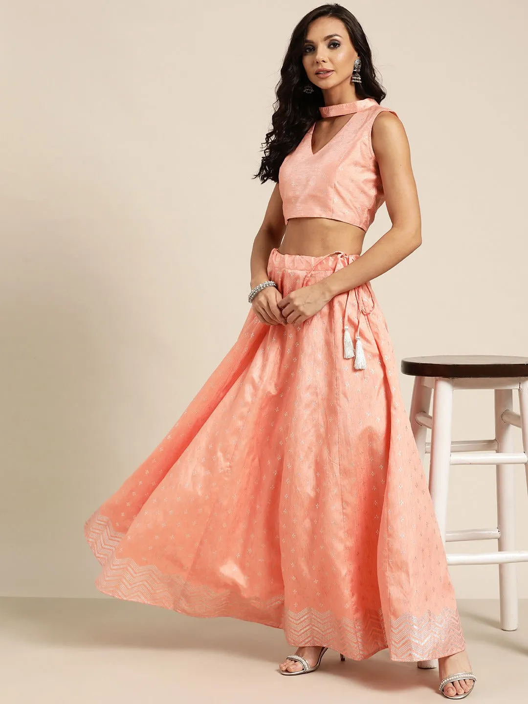 Women Peach Silver Foil Anarkali Skirt