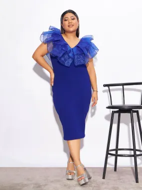 Women Royal Blue Organza Frill Detail Bodycon Dress